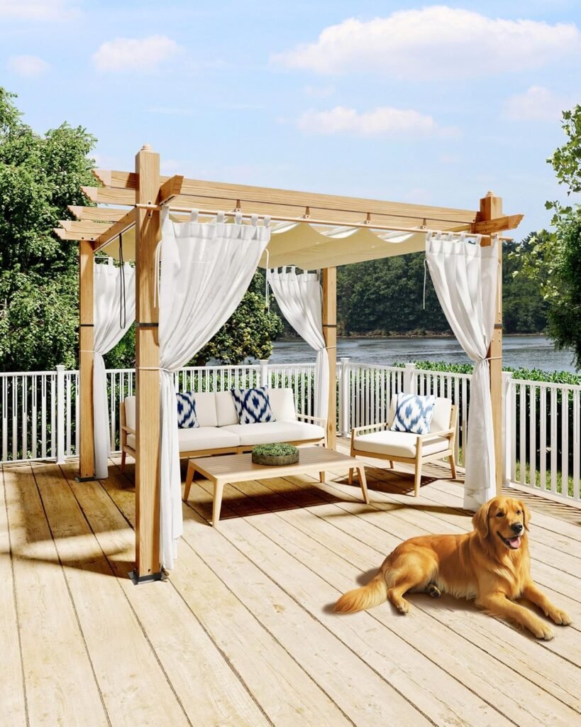 10x10 Ft Outdoor Pergola with Retractable Canopy Metal Gazebo Imitation Wood-Grain Column with Side Mesh Screen Modern Pavilion for Backyard(Beige+White)