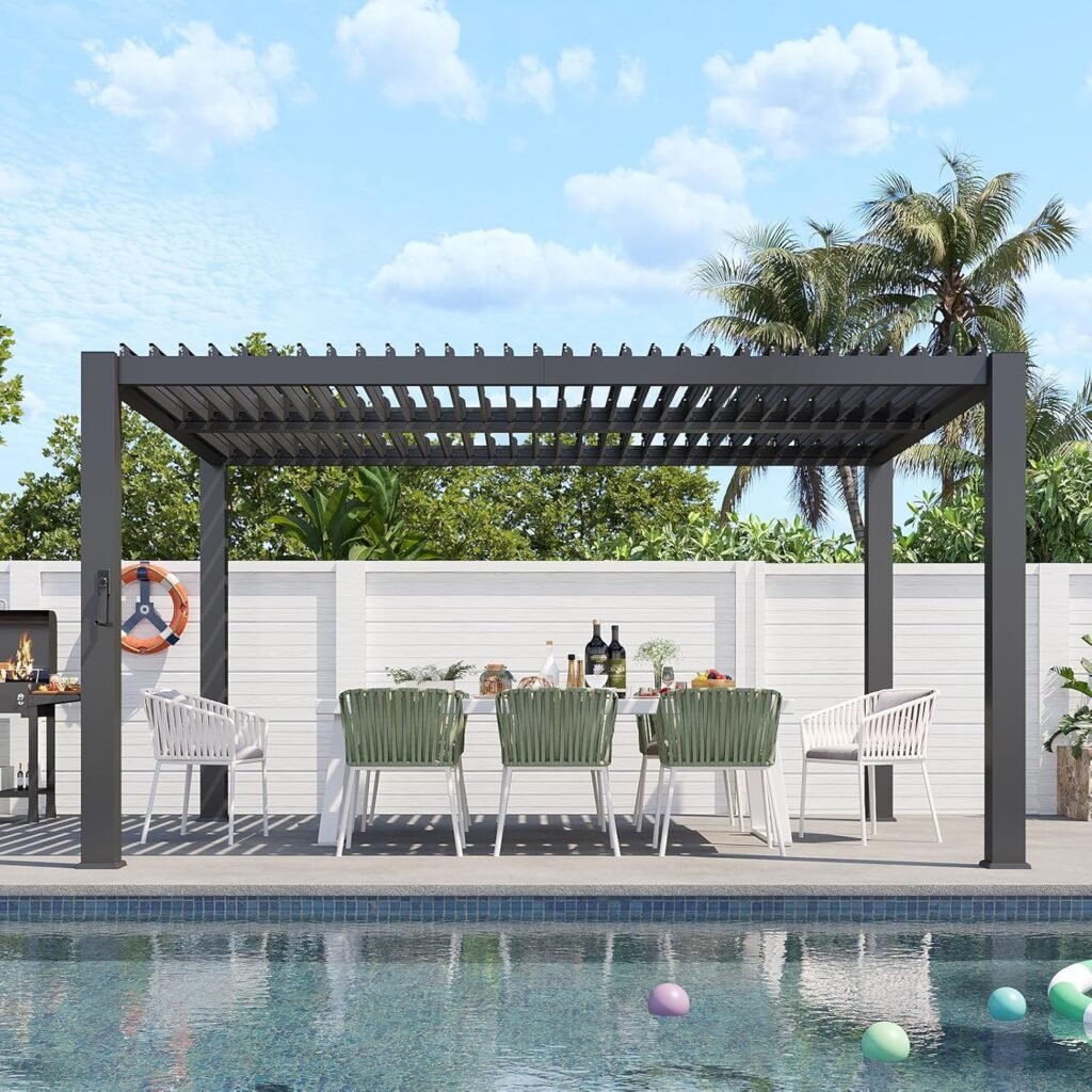 Aoxun Louvered Pergola 10' x 13' 96S Outdoor Metal Pergola with Adjustable Top for Decks, Gardens and Backyards, Easy Assembly via Structural Patent, Gray